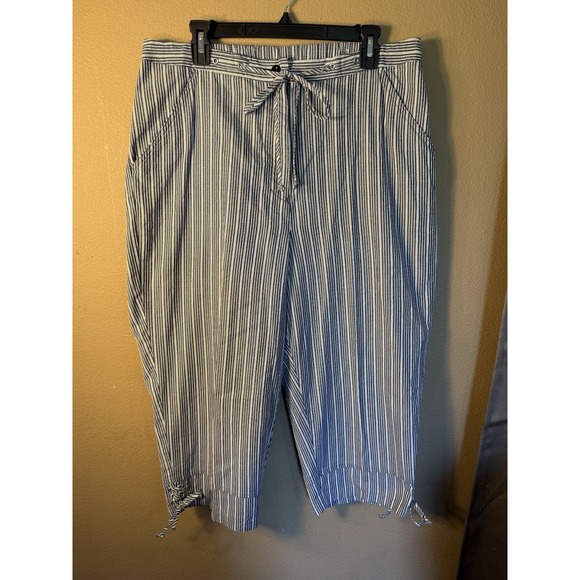 dressbarn Pants - Dressbarn Woman 14W Blue White Striped Capri Pants Lace-up Hem Drawstring Cuff